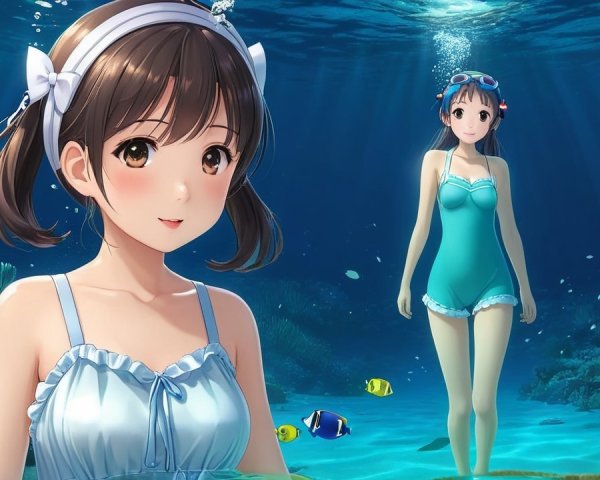 Underwater Scene of Two Young Women Among Coral Reefs