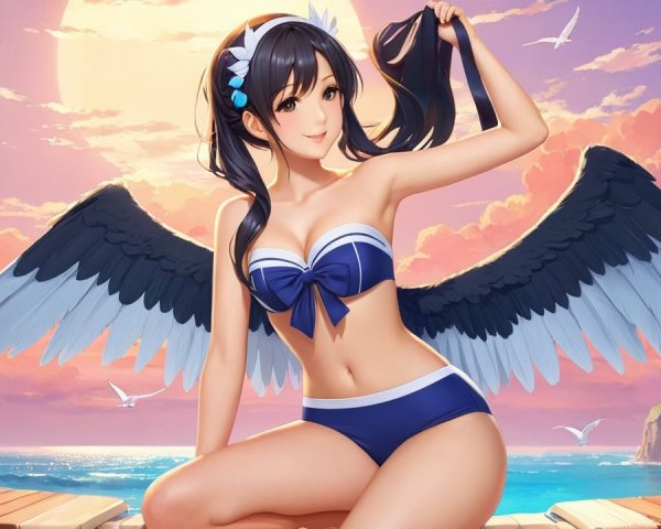 Stylized character with wings by the ocean at sunset
