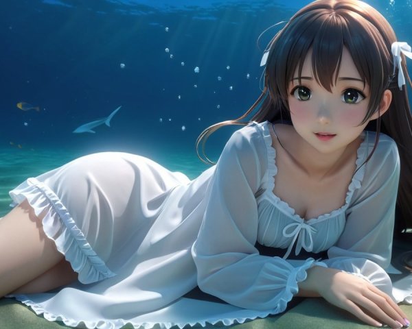 Young girl in white dress on ocean floor with fish