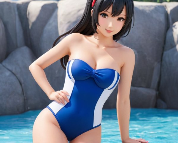 Young woman in blue and white swimsuit by pool