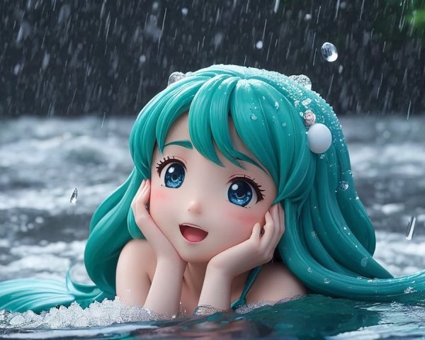 Vibrant Figurine of Joyful Girl in Rainy Setting