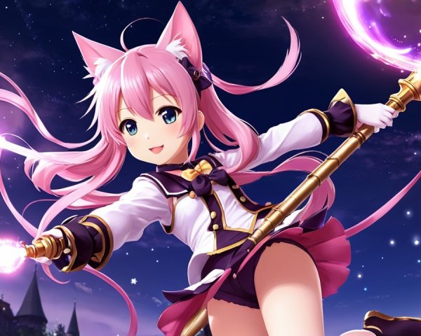 Anime Character with Pink Hair and Magical Staff