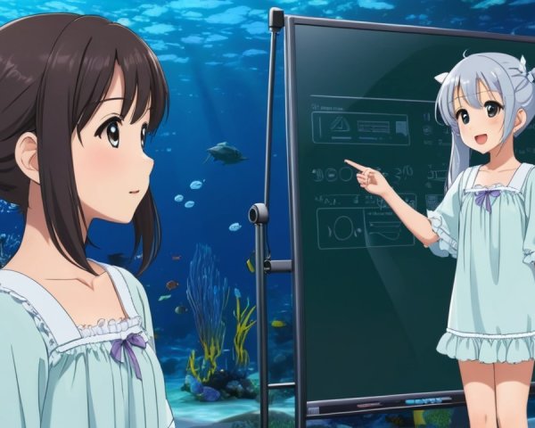 Anime Characters in Underwater Scene with Chalkboard