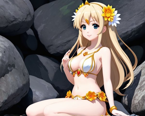Character with Blonde Hair and Floral Bikini on Rocks
