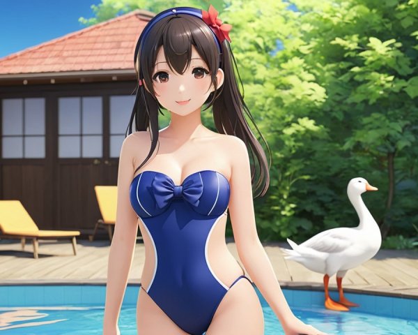 Young woman in blue swimsuit by pool with goose