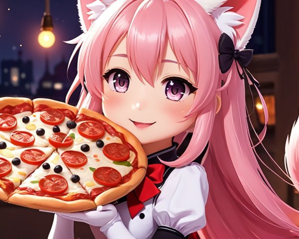 Cheerful character with pink hair and pizza in cozy setting