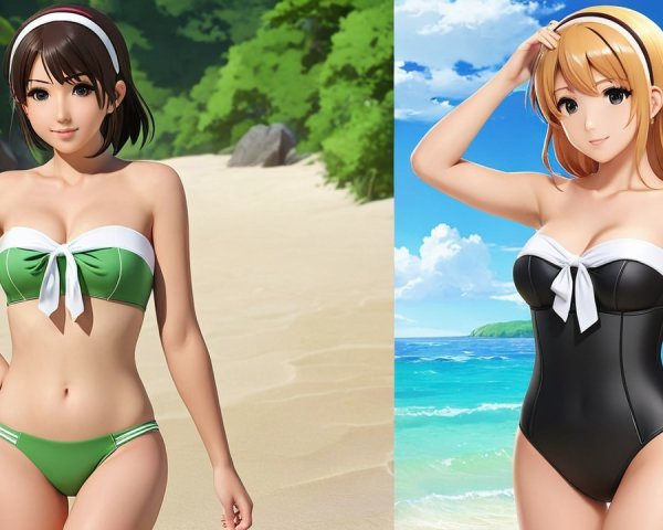 Anime Characters in Swimsuits at Vibrant Beach Scene