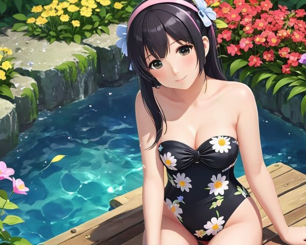 Young Woman Relaxing by a Tranquil Blue Pool