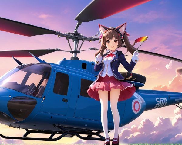 Stylized Character with Helicopter in Vibrant Sky