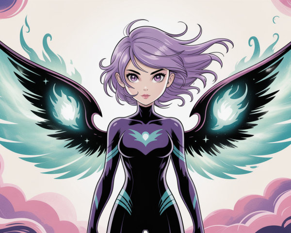 Anime girl with purple hair and wings in clouds