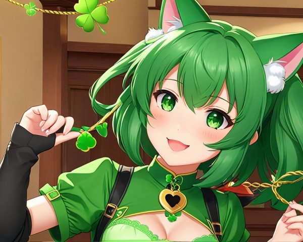 Cheerful character with green hair and shamrock decor