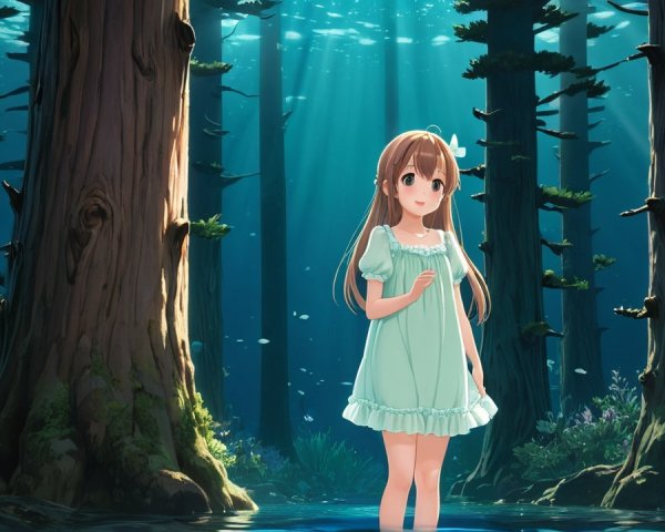 Underwater Scene of a Girl in a Green Dress