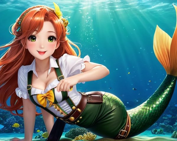 Mermaid with Orange Hair in Colorful Coral Scene