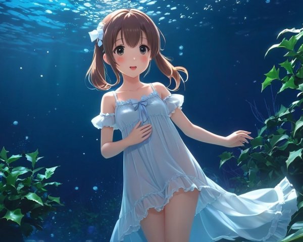 Underwater Scene with Young Girl in Blue Dress