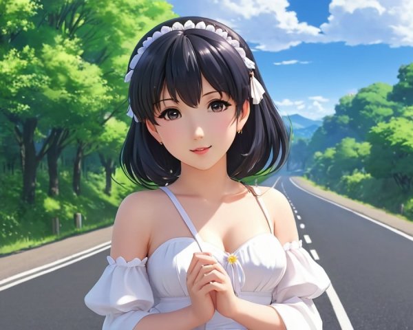 Young Woman in White Dress by Peaceful Roadside