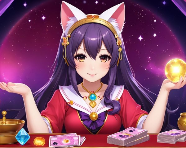 Animated character with cat ears at fortune-telling table