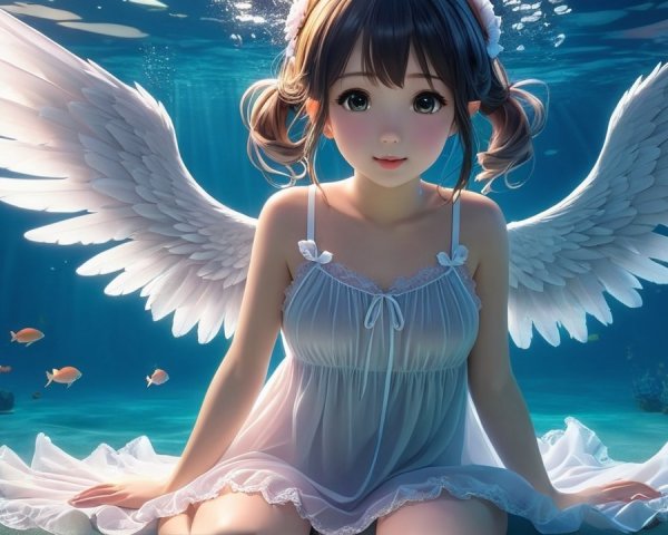 Underwater Scene with Girl and Ethereal Wings