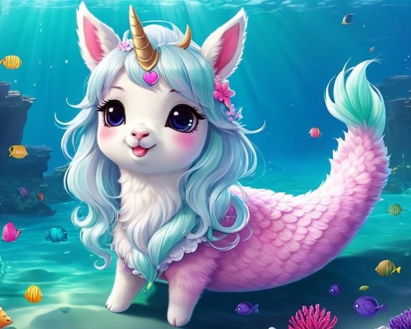 Whimsical Underwater Scene with Unicorn-Creature