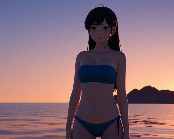 Digital Character at Ocean Shore During Sunset