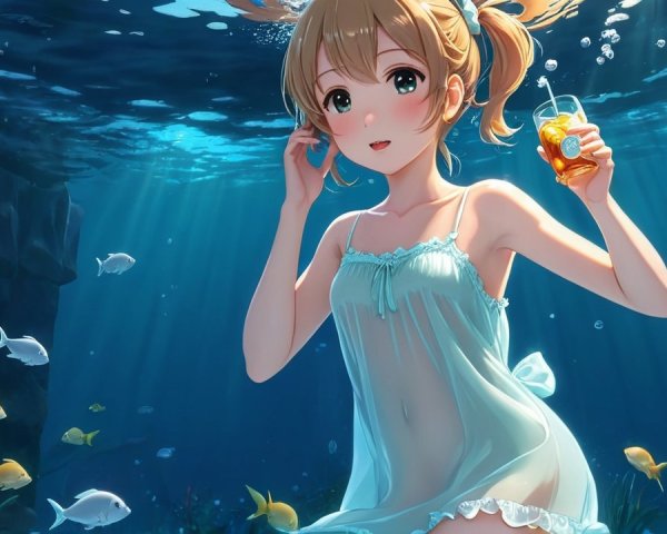 Young girl underwater with playful pigtails and fish