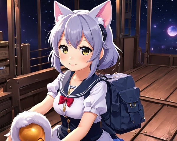 Young girl with gray hair, cat ears, and school uniform