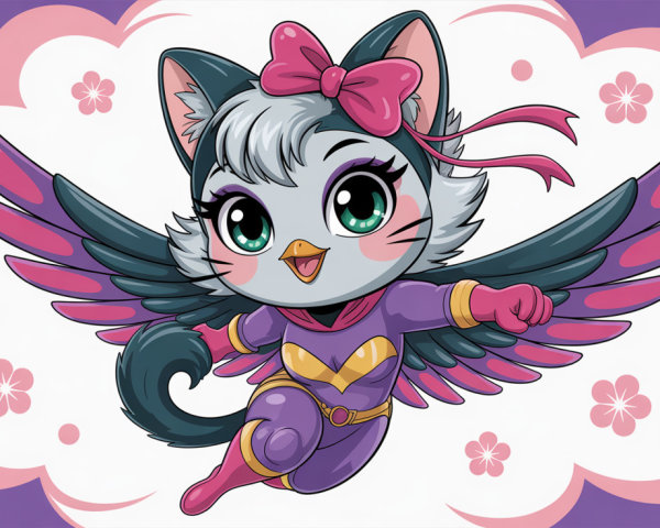 Chibi superhero with cat-like features and wings