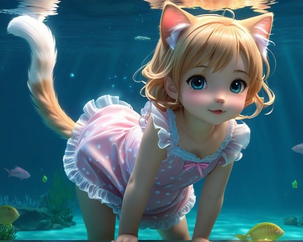 Whimsical Underwater Scene with Playful Girl