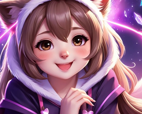 Cheerful girl in cat ear hood against cosmic backdrop