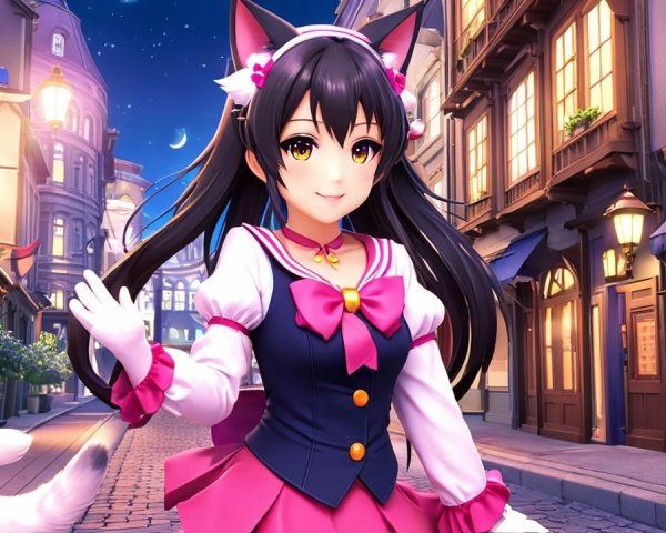 Whimsical character in illuminated night street scene