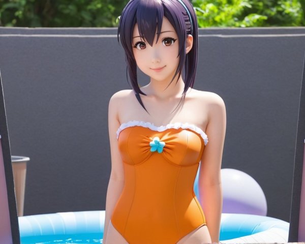 Young woman in vibrant orange swimsuit by pool