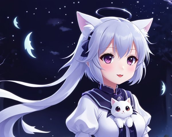 Anime Character with Cat Ears and Halo in Night Sky