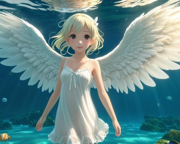 Underwater Scene with a Winged Girl and Marine Life
