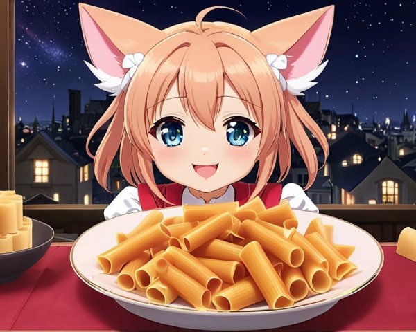 Cheerful anime character with cat ears and pasta scene