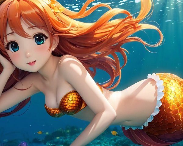 Vibrant Mermaid with Golden-Orange Tail in Coral Reef