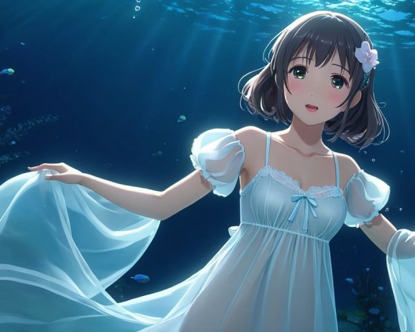 Underwater Scene with a Girl in Translucent Dress