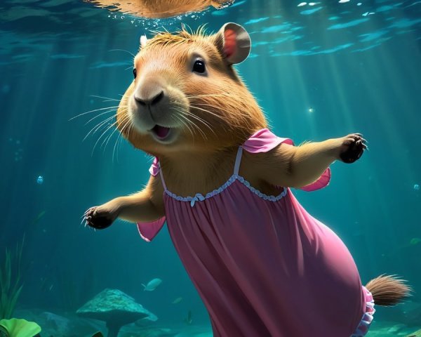 Underwater Scene with Capybara in Pink Dress