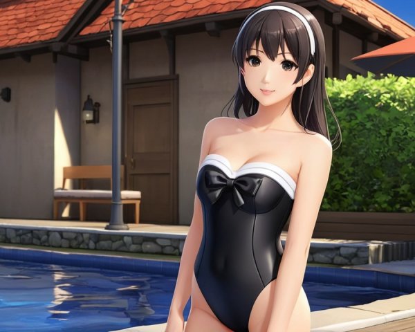 Young woman in black swimsuit by a shimmering pool