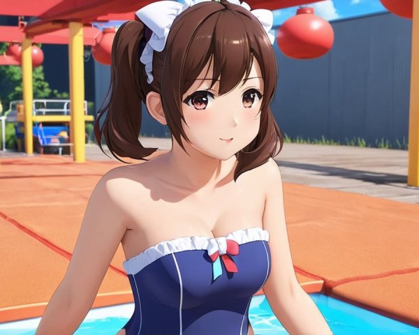Cheerful Anime Character by Pool in Stylish Swimsuit