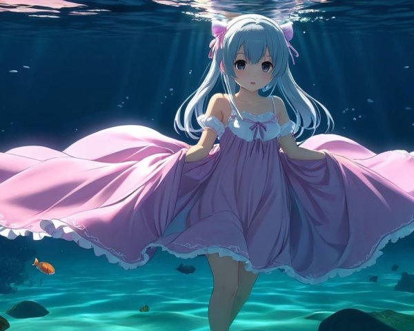 Young girl with silvery hair in pink dress underwater
