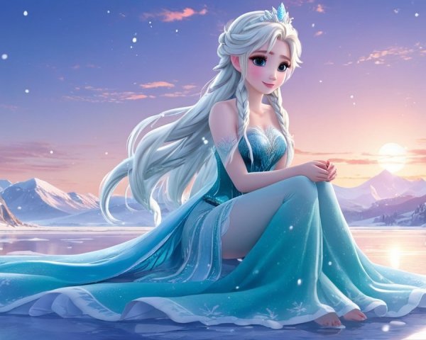 Graceful Character by Frozen Lake in Blue Gown