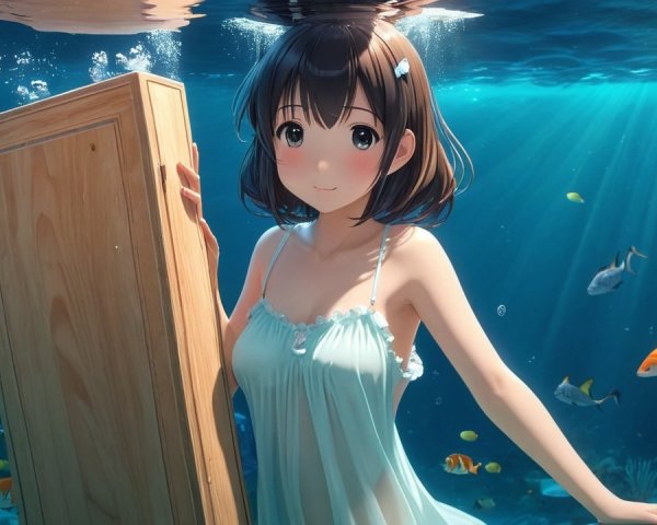 Young girl underwater with colorful fish and coral