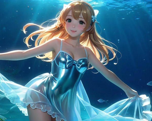 Underwater Scene with Elegant Character and Marine Life