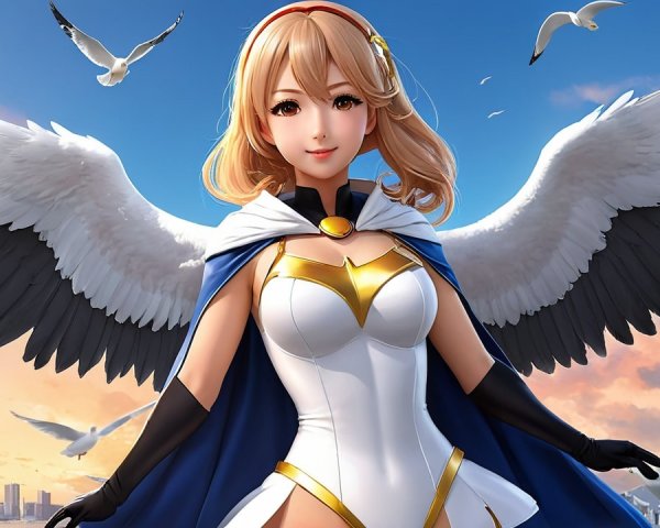 Character with Wings Against Vibrant Sky and Seagulls