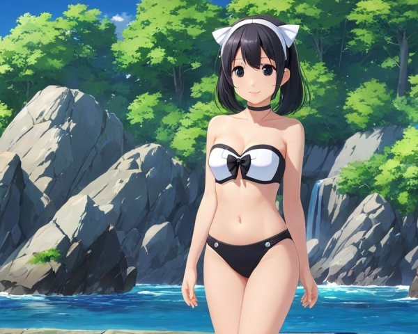 Young girl in black and white bikini on rocky beach