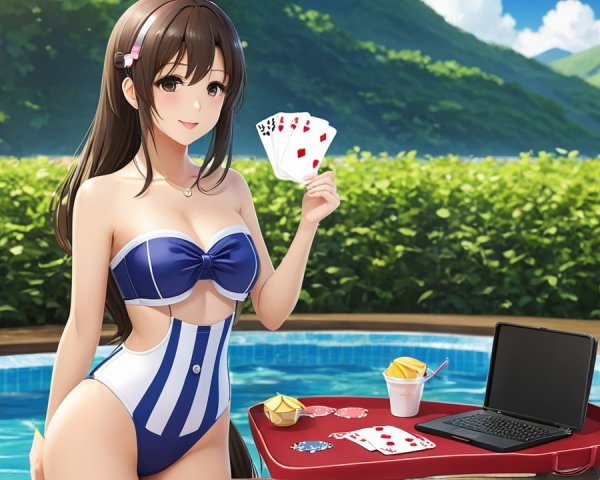 Young woman in swimsuit by pool with playing cards