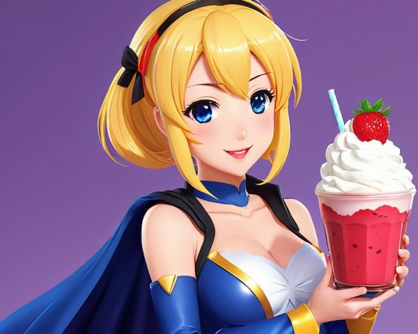 Animated character with dessert cup on purple background