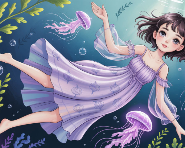 Anime-style underwater scene with girl and jellyfish