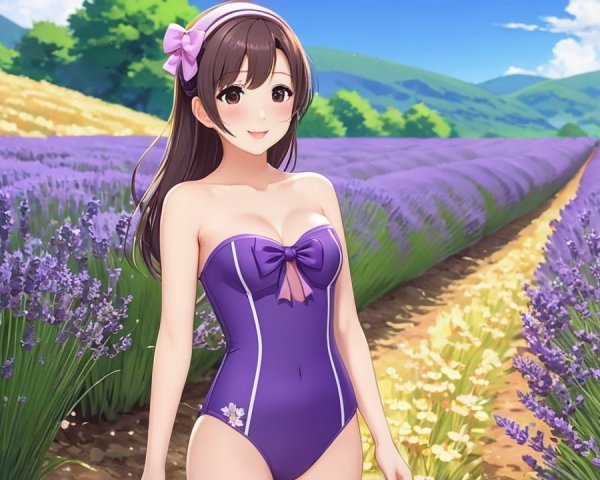 Young Woman in Purple Swimsuit in Lavender Field