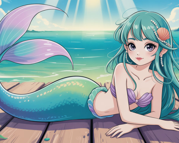 Mermaid with Green Hair on Wooden Pier by Water