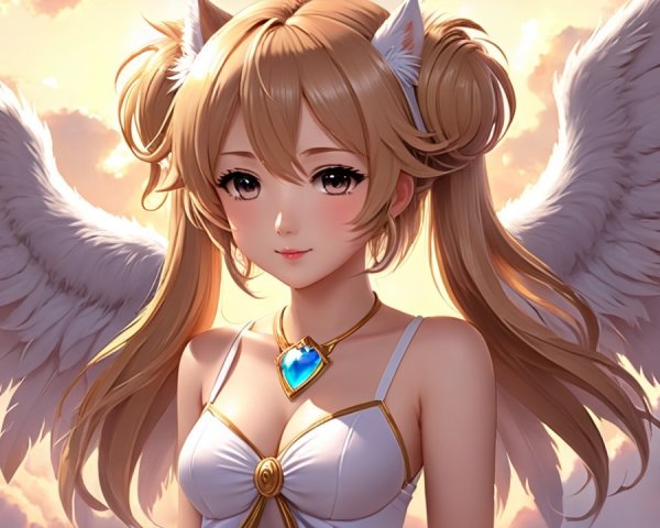 Celestial Figure with Wings and Flowing Hair in Clouds